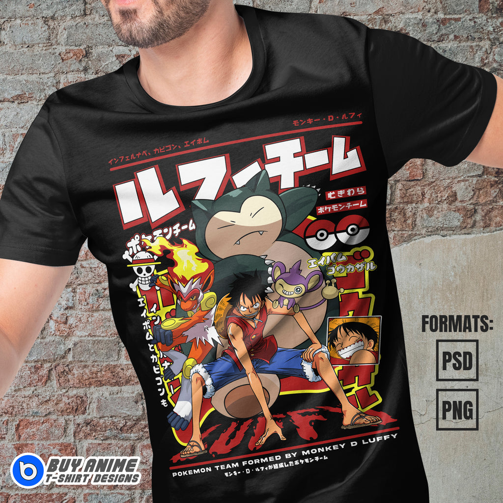 Premium Luffy x Pokemon One Piece Anime Vector T-shirt Design Template