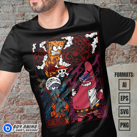 Premium Spongebob x One Piece Anime Vector T-shirt Design Template